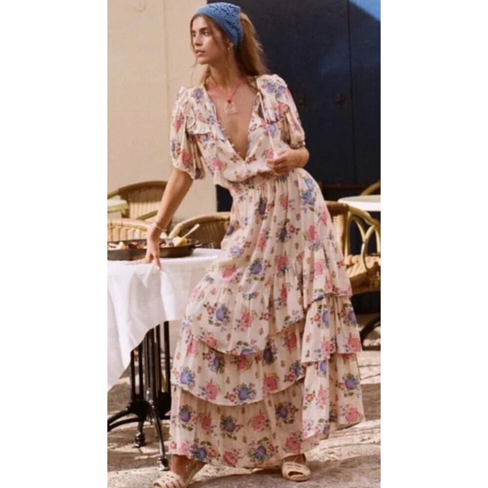 Spell Solstice Floral Tiered Cottagecore Button Front Whimsy Maxi Dress XS